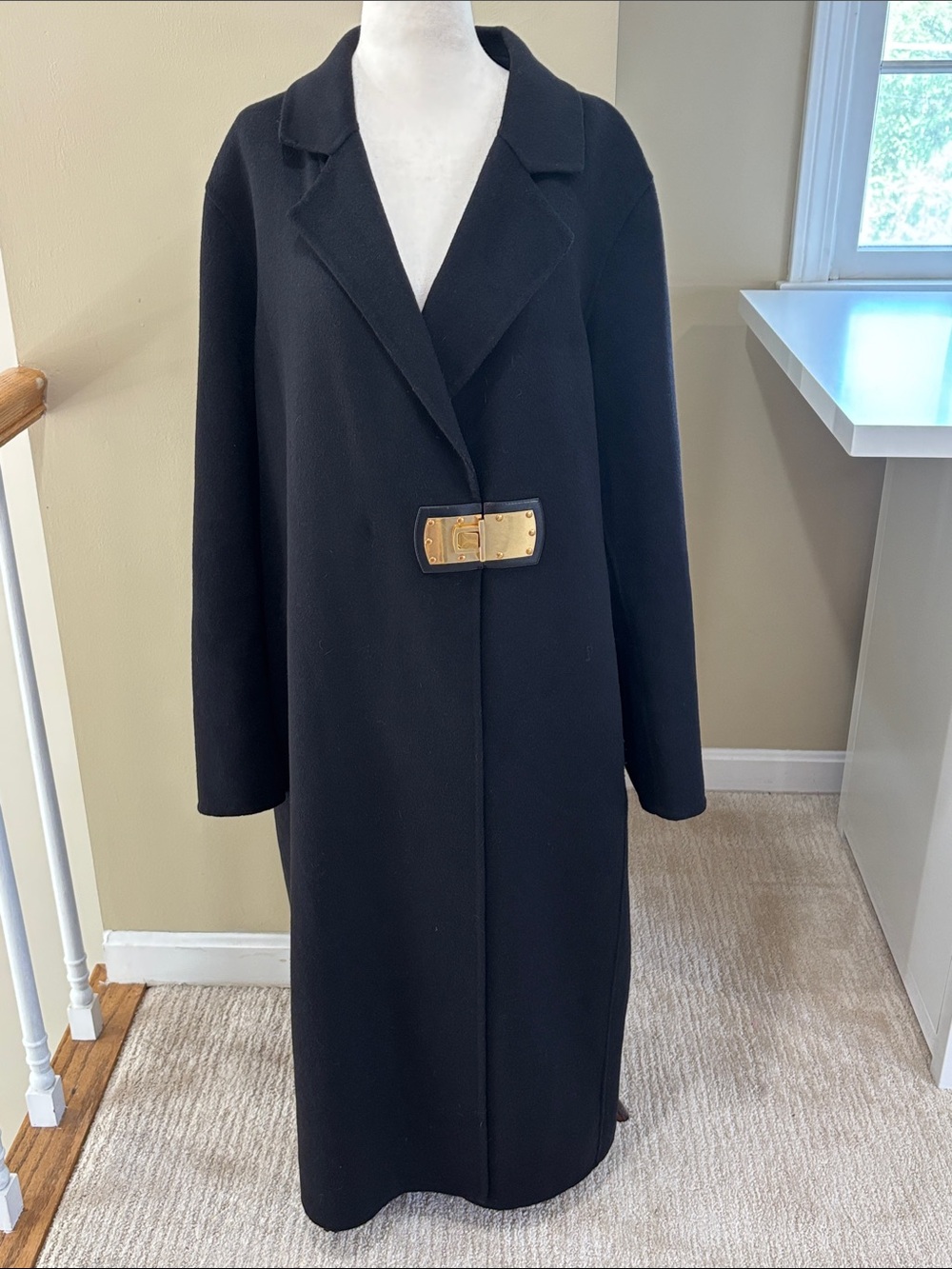 Donna Karan Classic Black Long Women's Coat with Gold Buckle Size XL EUC